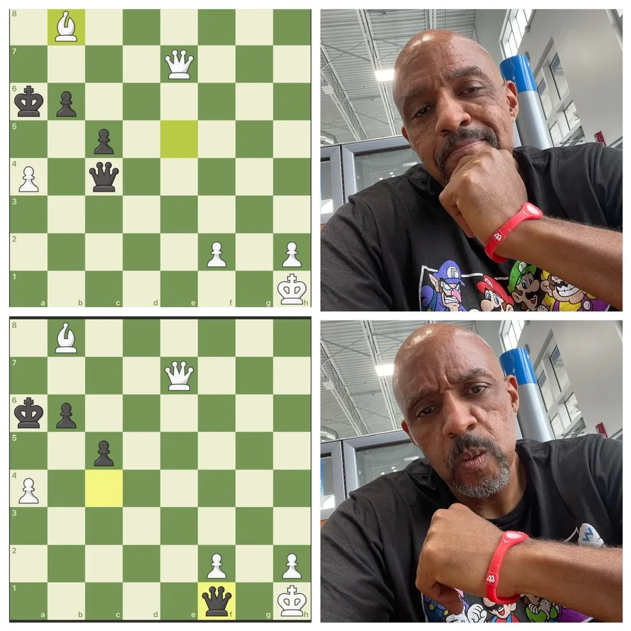 Two-panel chess meme with Omar reacting to the position