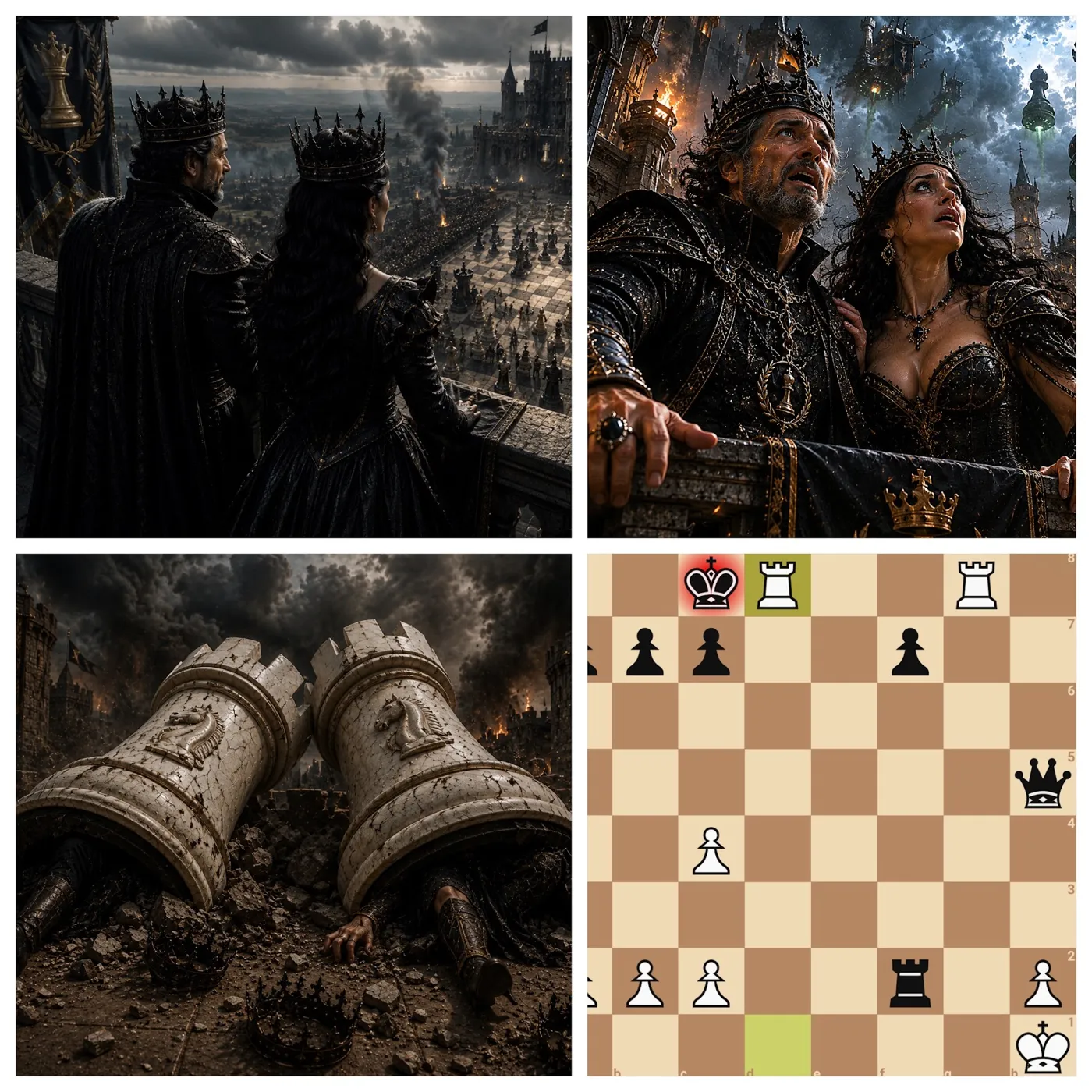 Rooks fall on the king and queen: back-rank mate