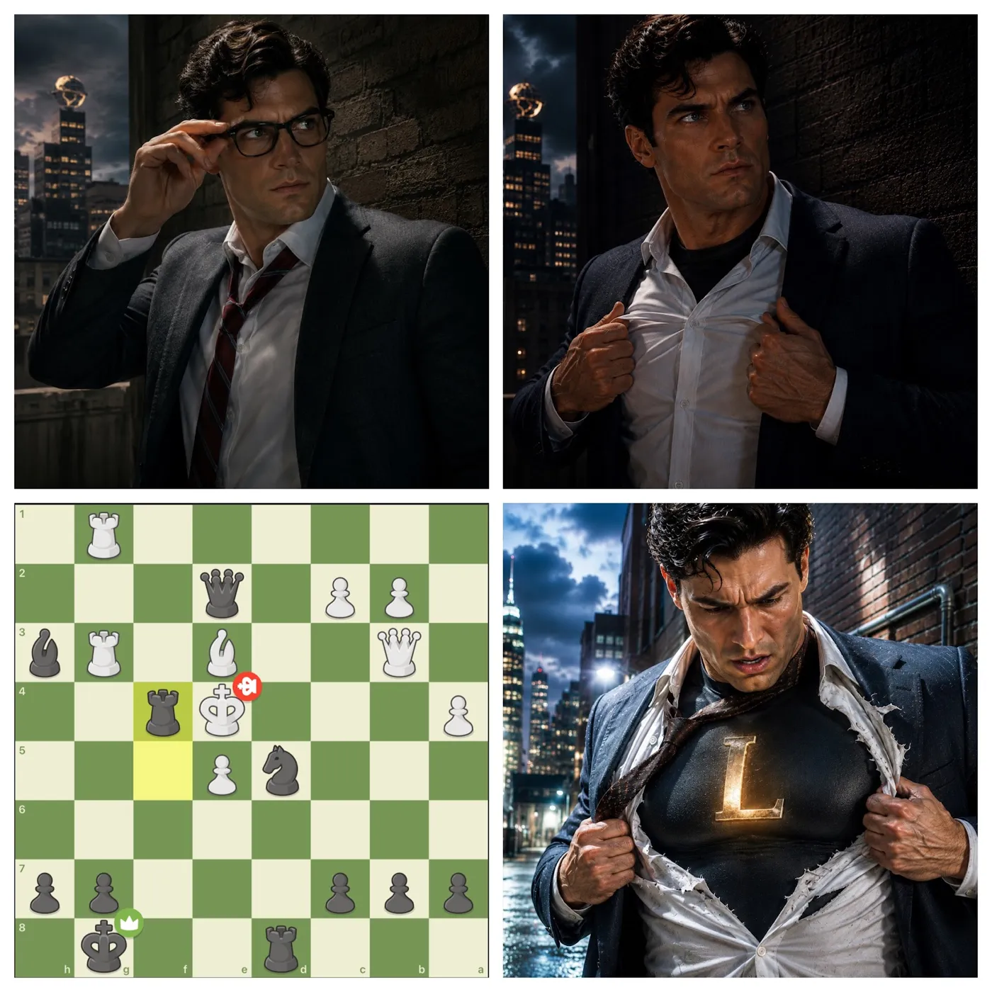 Clark Kent rips open his shirt to reveal an L